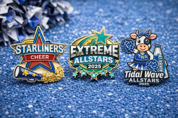 custom cheer trading pins for competitions and teams